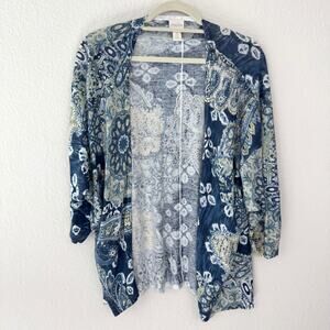 Chico's Womens Open Cardigan Top Size L Linen Cotton Lightweight Paisley Floral